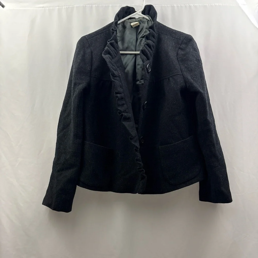 J Crew Fiona Ruffle Black Wool Tweed Jacket Blazer Size 10 Buttons
